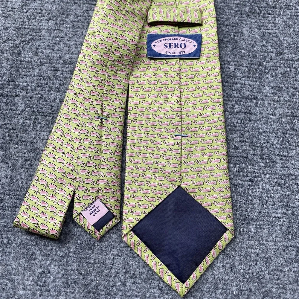 Sero New England Silkneck Tie Whale Print Green Pink Nautical Coastal Preppy